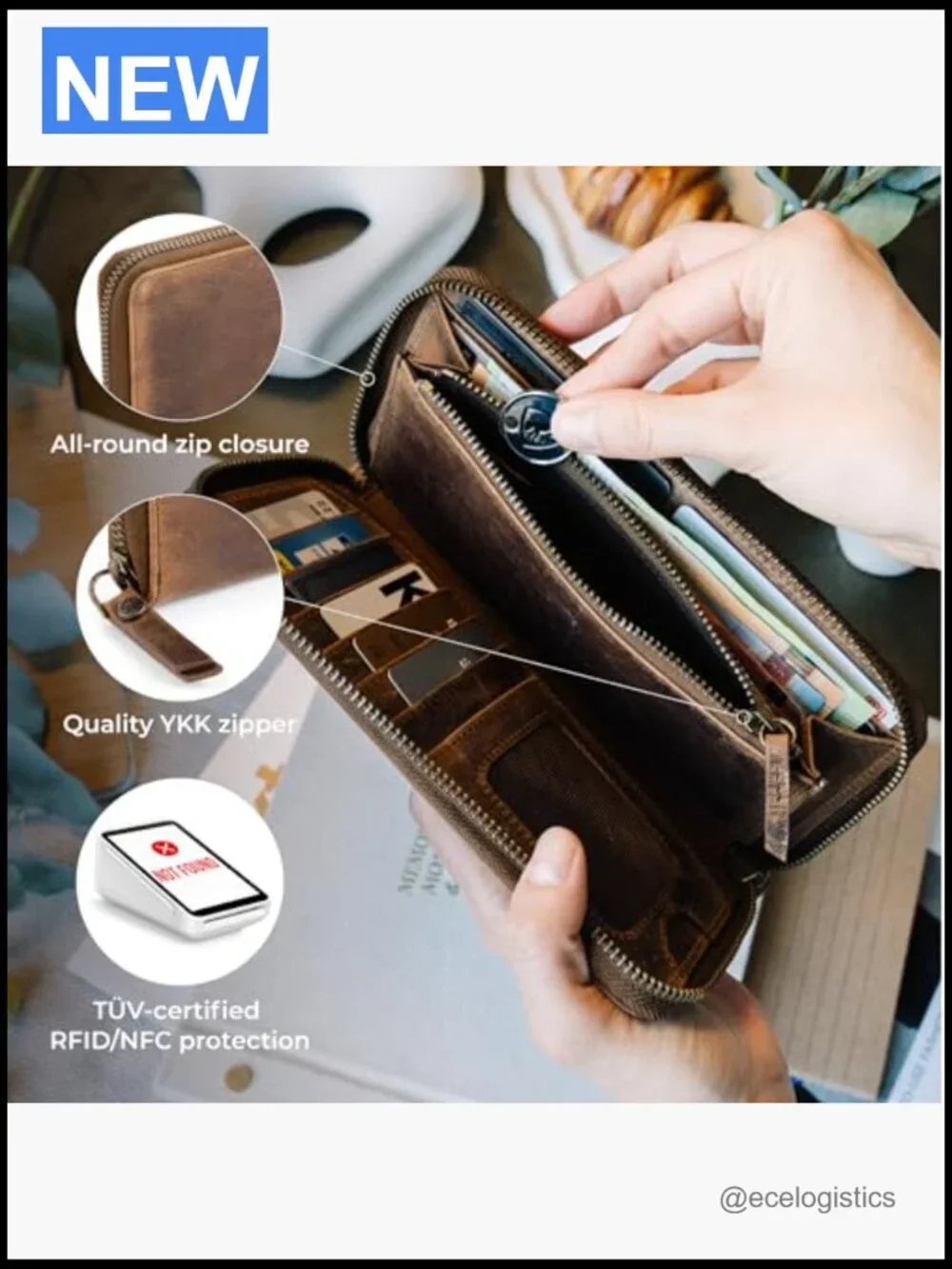 Genuine Leather RFID Blocking Zip Around Wallet 13 Card Slots ID Window